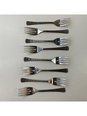 Set 8 Vintage Interpur FLORENZ Stainless Steel Flatware Salad Forks Petal Design